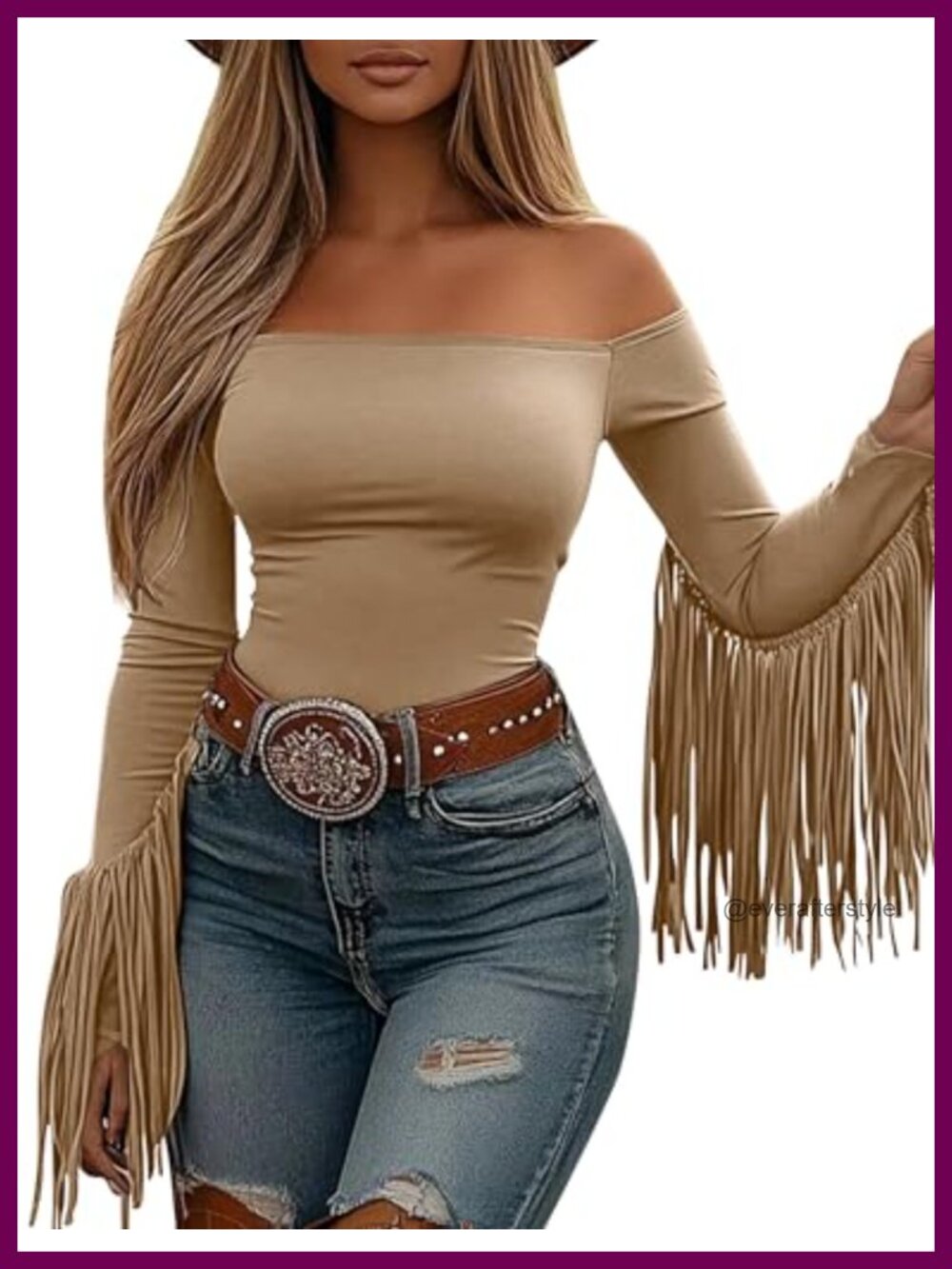 Western Cowgirl Fringe Off Shoulder Long Sleeve Crop Blouse